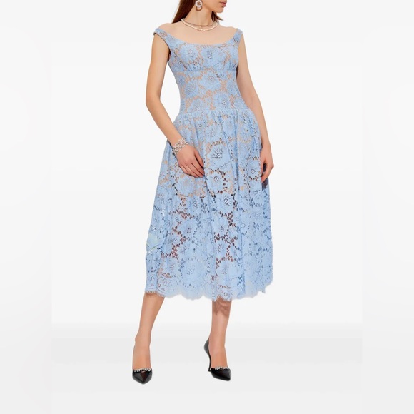 NWT- Self-Portrait Blue Midi Dress in Floral Lace - Picture 6 of 17